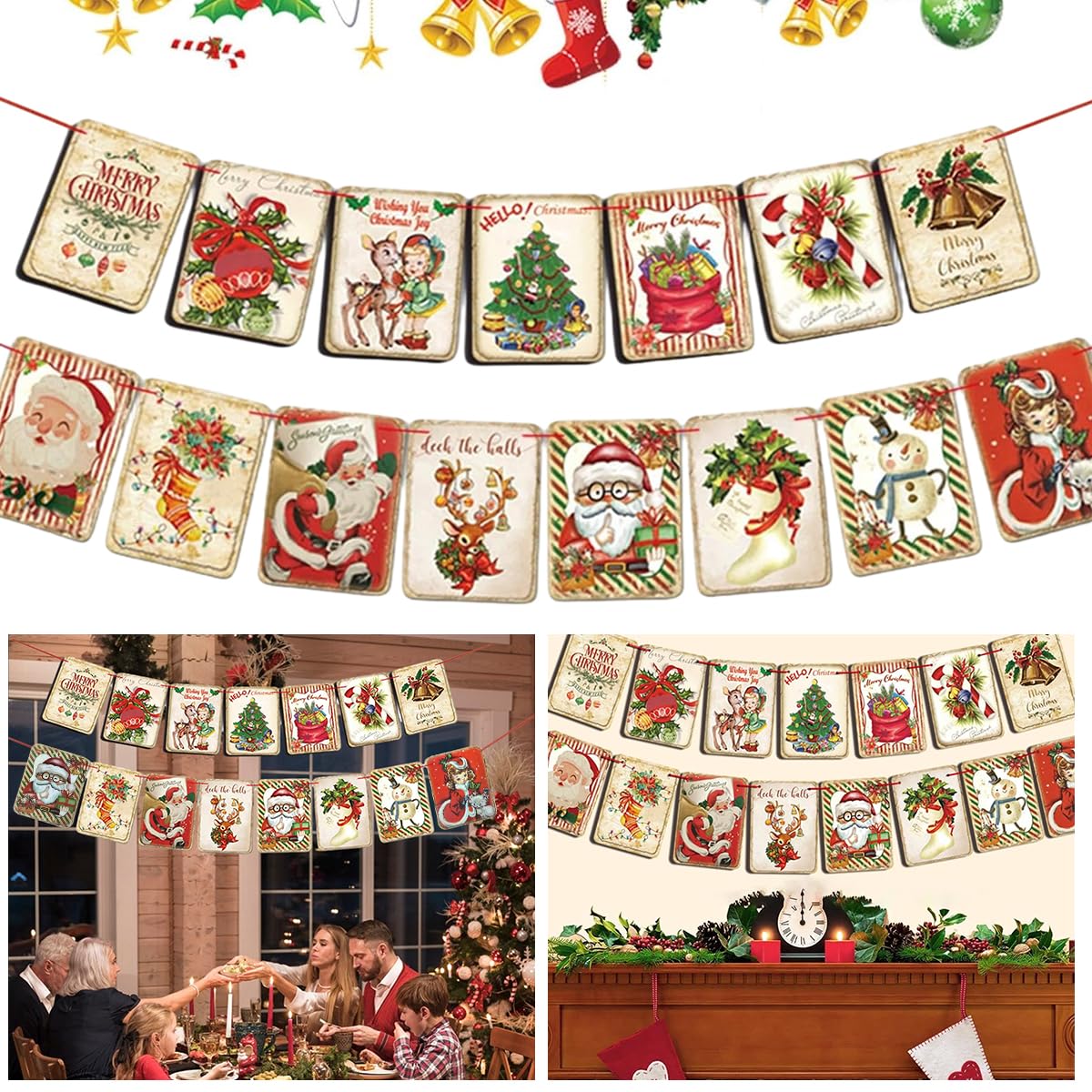 HASTHIP Christmas Wall Hanging Banner for Door and Room with 15pcs 5.5×7.68in Vintage Flags