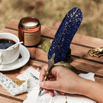 Optifit® Vintage Carving Feather Pen Set, Glittering Quill Pen Set Antique Calligraphy Writing Dip Pen with Black Ink, 2 Replacement Nibs, Pen Stand Base, Luxury Signature Pen