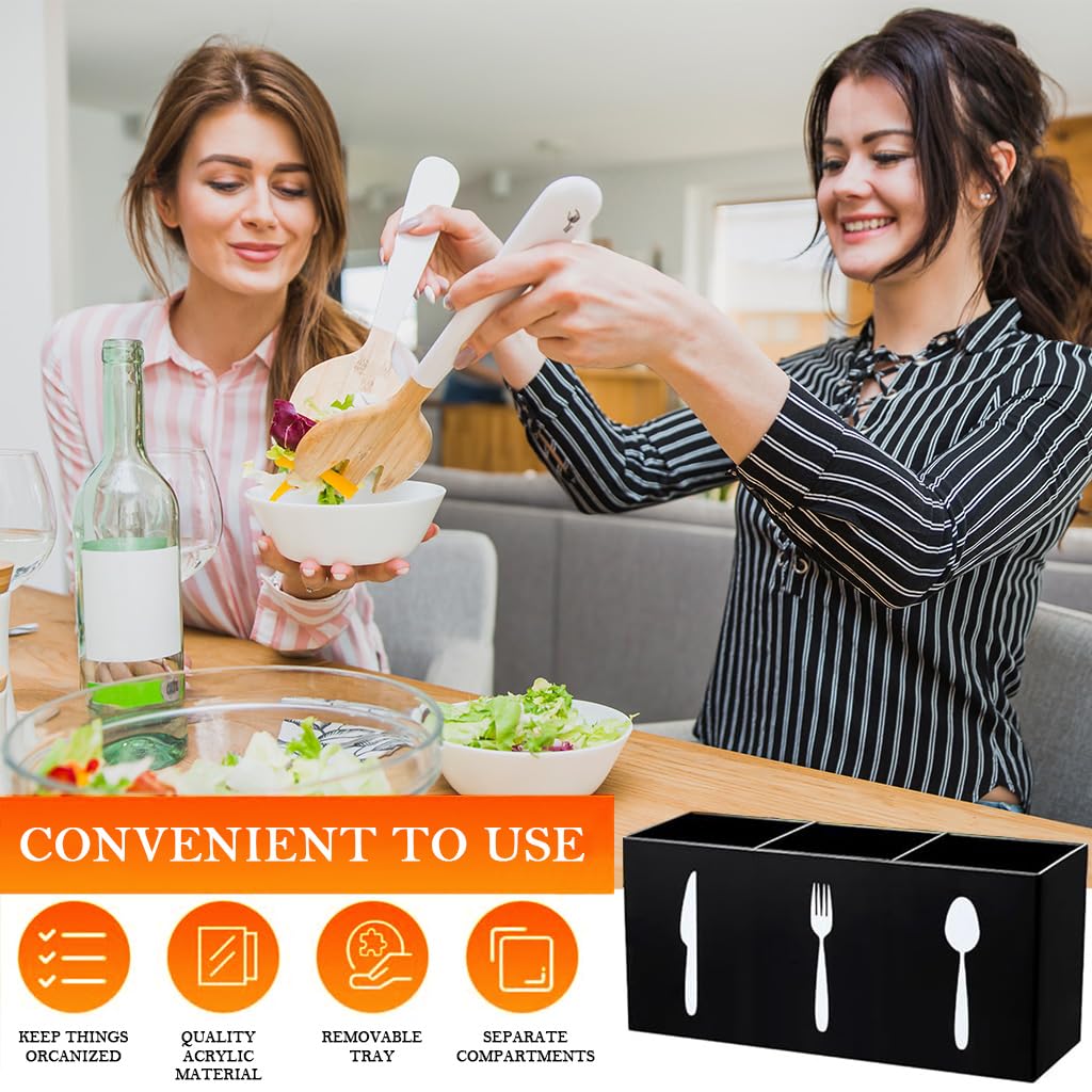 HASTHIP Acrylic Cutlery Storage Organizer for Kitchen with 3 Compartments 19.8x6.5x9cm | Icon Labeled Spoon Fork Knife Holder in Black