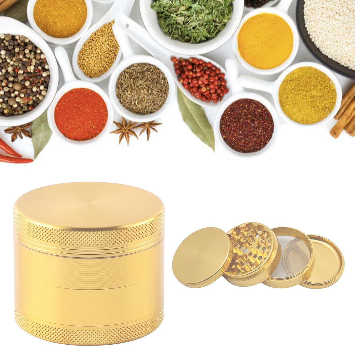 HASTHIP® Herb Storage Grinder Zinc Alloy Spice Mill, Crusher for Weed and Herb Grinder Spice Mill, 4-Layer Design, Aesthetic Kitchen Tool for Herbs & Spices (Gold)