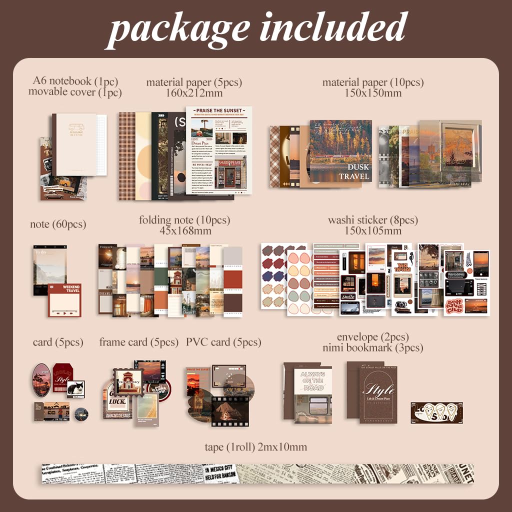 HASTHIP Vintage Scrapbooking Stickers Gift Set for DIY Journals with A6 Notebook and 160x212mm Portable Box | Brown Time-Themed Stationery