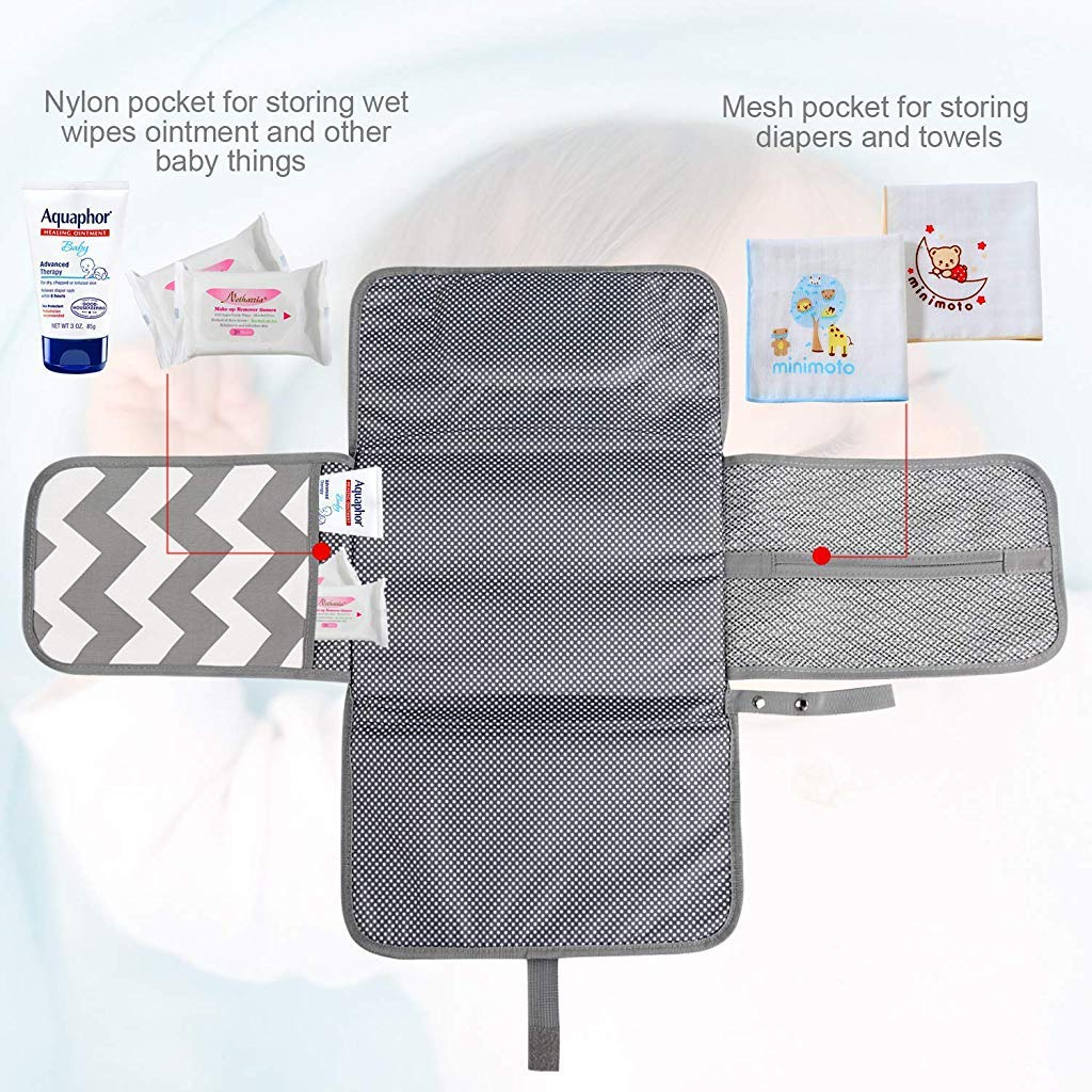 HASTHIP® Grey Waterproof & Foldable Baby Massage Pad with Head Cushion & Organizer Pockets or Diaper Changing Station Baby Mat for Home & Outside Travel
