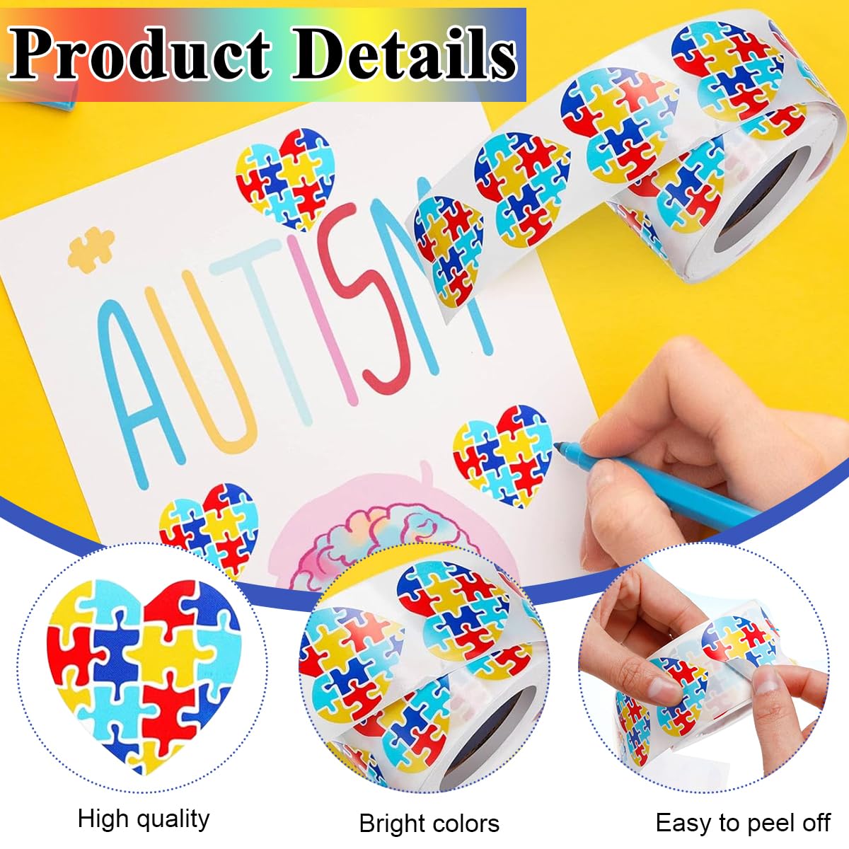 500Pcs Heart-Shaped Autism Stickers - Colorful Puzzle Self-Adhesive Labels for Events, Gifts & Packaging, Envelope Tab Sealer Autism Awareness Gifts for Women Men Kids Teen