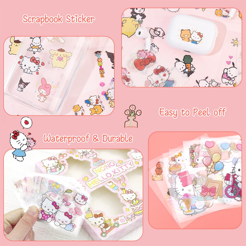 HASTHIP® 100Pcs Cute Cartoon Stickers PET Hello Kitty Sticker & Washi Stickers Set DIY Scrapbooking Kawaii Hello Kitty Stickers for Phone Case, Laptop Cover, Kids Water Bottle