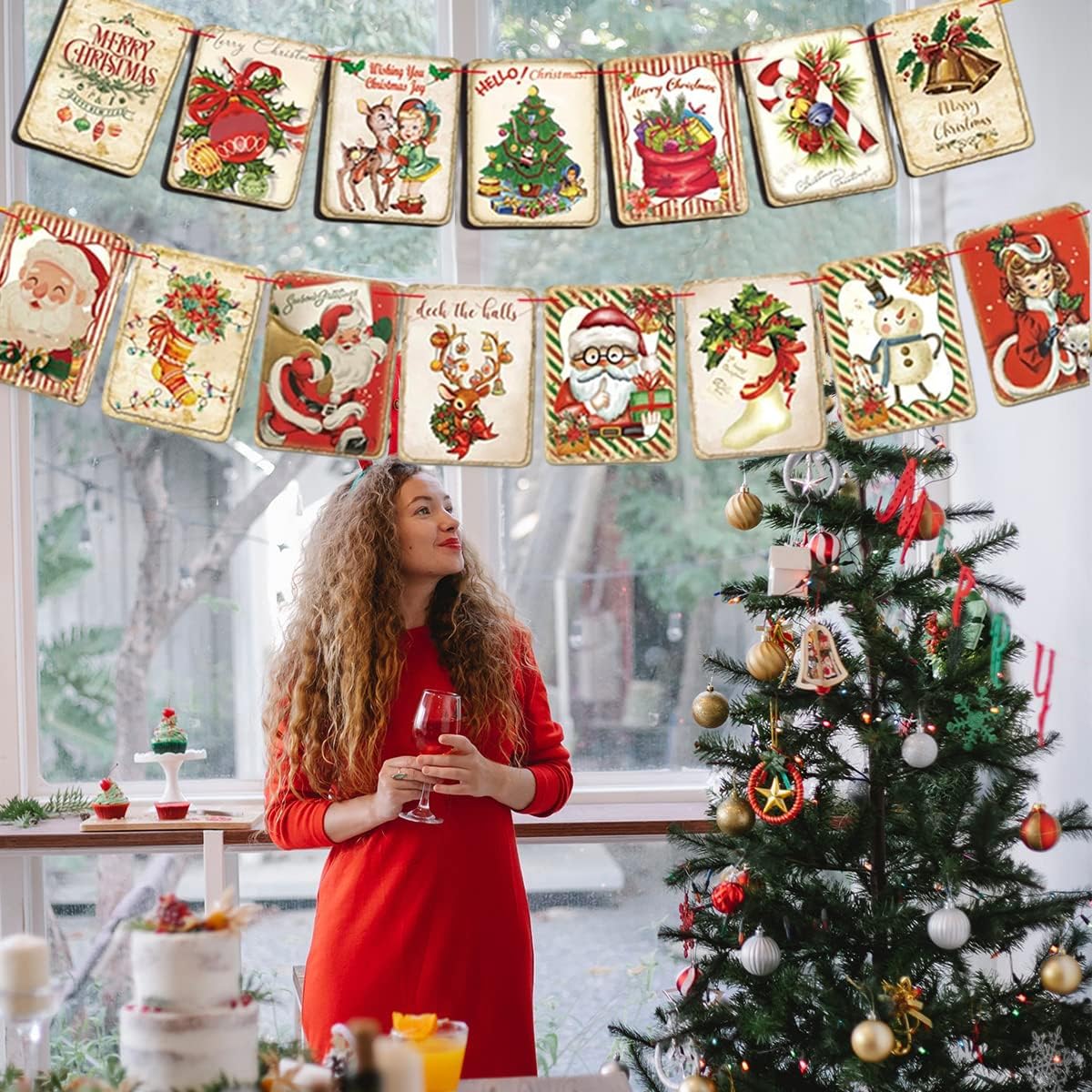 HASTHIP Christmas Wall Hanging Banner for Door and Room with 15pcs 5.5×7.68in Vintage Flags