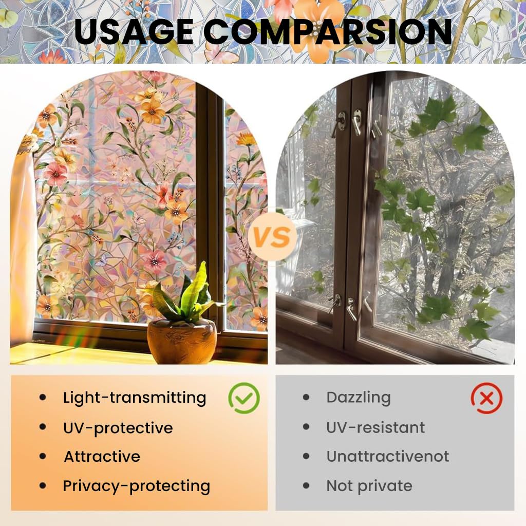 HASTHIP Privacy Glass Window Film for Home and Office with Static Cling 45cm x 2m | UV Resistant Floral Design