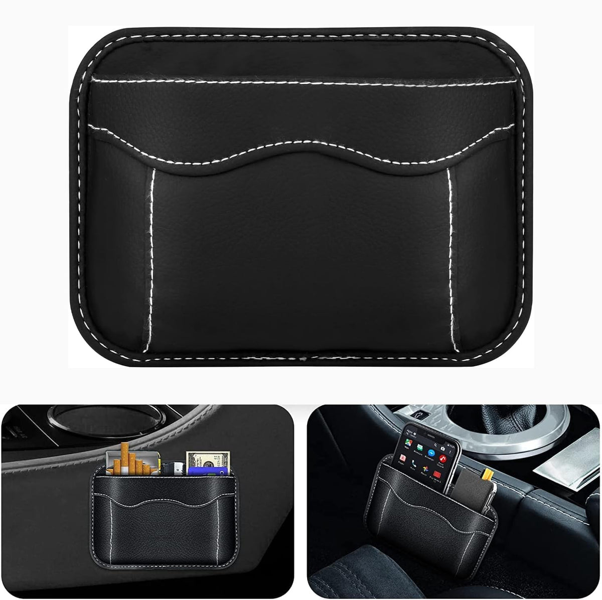 HASTHIP® Organizador de Coche de Cuero PU Duradero, Bolsa Adhesiva para Asiento Lateral, Almacenamiento Portátil para Teléfono, Llaves, Cables y Accesorios, Bolsillo Multifuncional