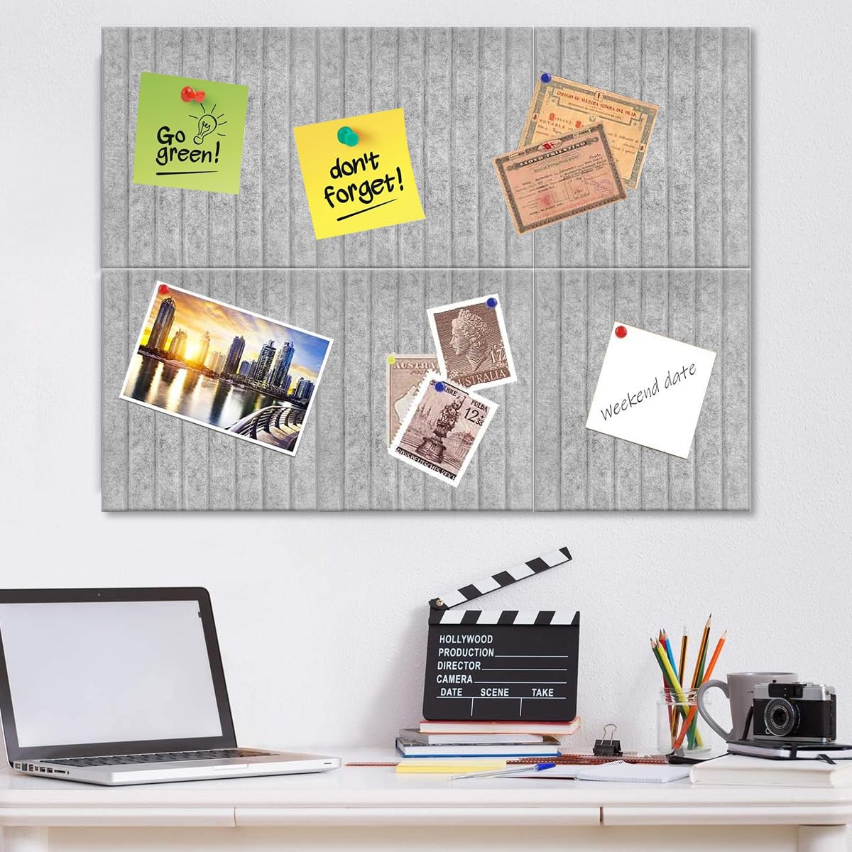 HASTHIP® 6Pcs Felt Bulletin Board Vision Board,30x30cm Self-Adhesive Wall Boards with 50pcs Drawing Pins,Felt Message for Paste Notes Photos Schedules (Grey)
