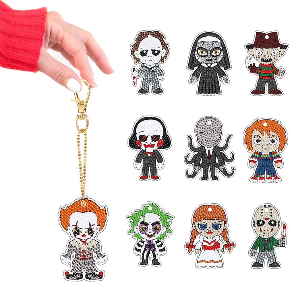 HASTHIP® 10Pcs DIY Diamond Painting Keychain Kit for Kids & Adults, Halloween Mosaic Art Craft Kit, Acrylic Charms with Resin Beads, Arts and Crafts Gift, Gem Art Party Favors, Festive Decor