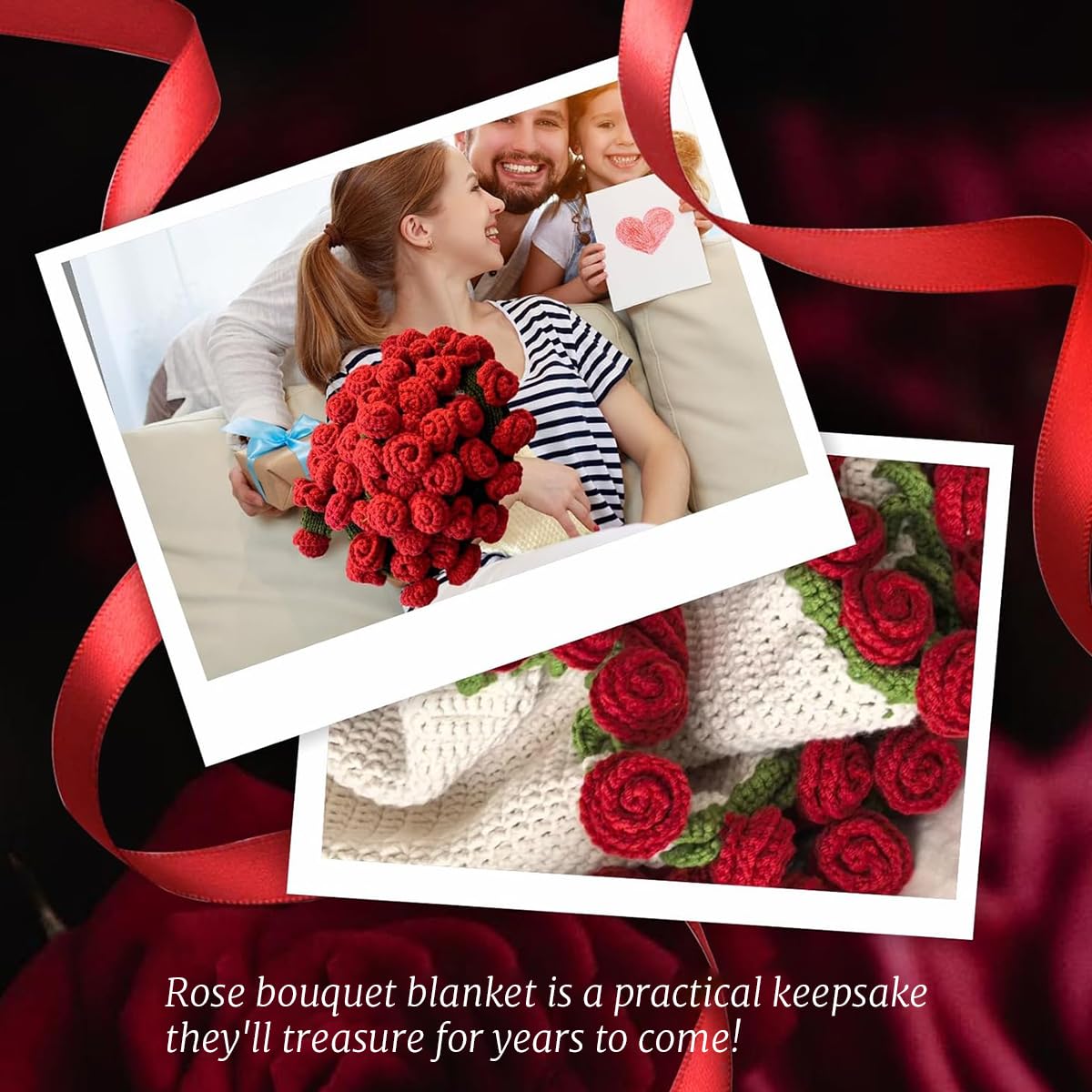 HASTHIP Crochet Flower Blanket for Couch Gift featuring 3D Rose Edge and 43 in Diameter