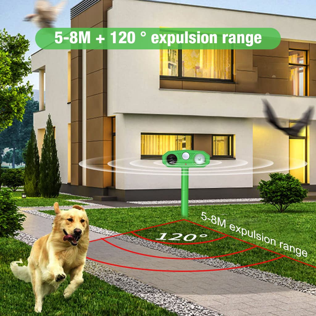 Outdoor Ultrasonic Pest Repeller - Solar Lizard Repellent & Snakes Repellent - Dog Repellent Device with Infrared Sensor & Flashing Lights for Garden & Patio - Pigeon Repellent for Balcony