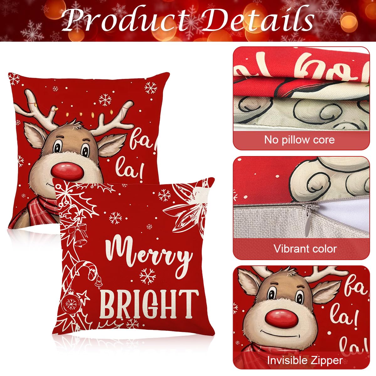 HASTHIP Christmas Cushion Covers for Sofa featuring Hidden Zippers 16x16 in Linen Set of 4