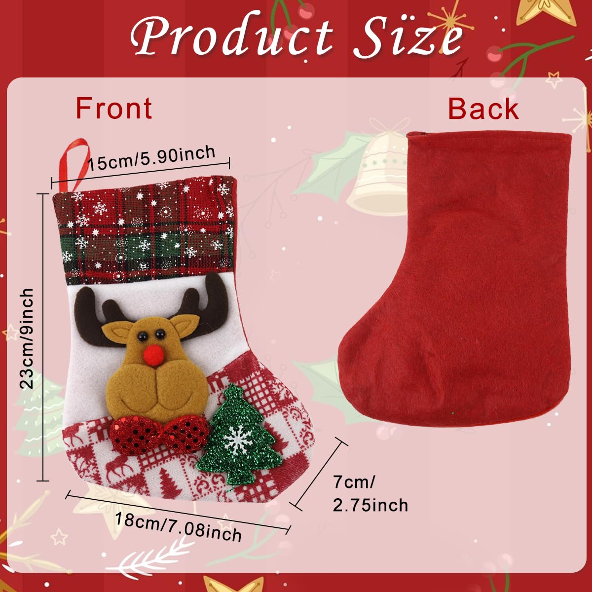 HASTHIP Christmas Stockings Set for Tree and Door with 9.8 in Size Loop Hanging | 4 Red Designs