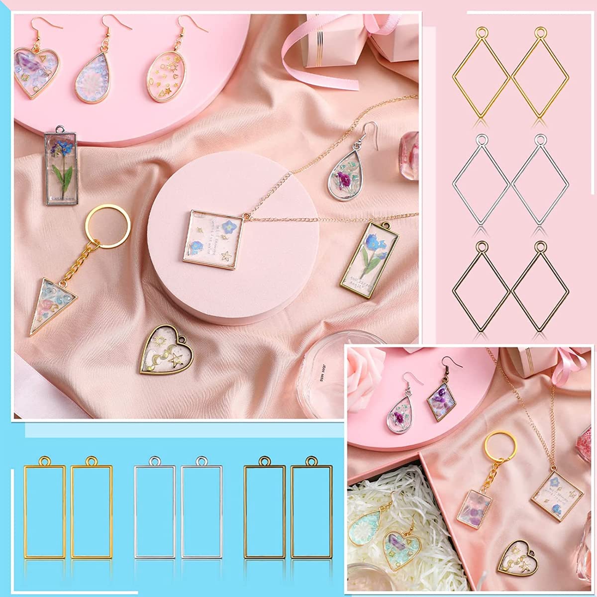 HASTHIP Resin Pendant Mould Kit for DIY Jewelry and Keychains with 55 Pcs Frames | Multi Coloured Shapes