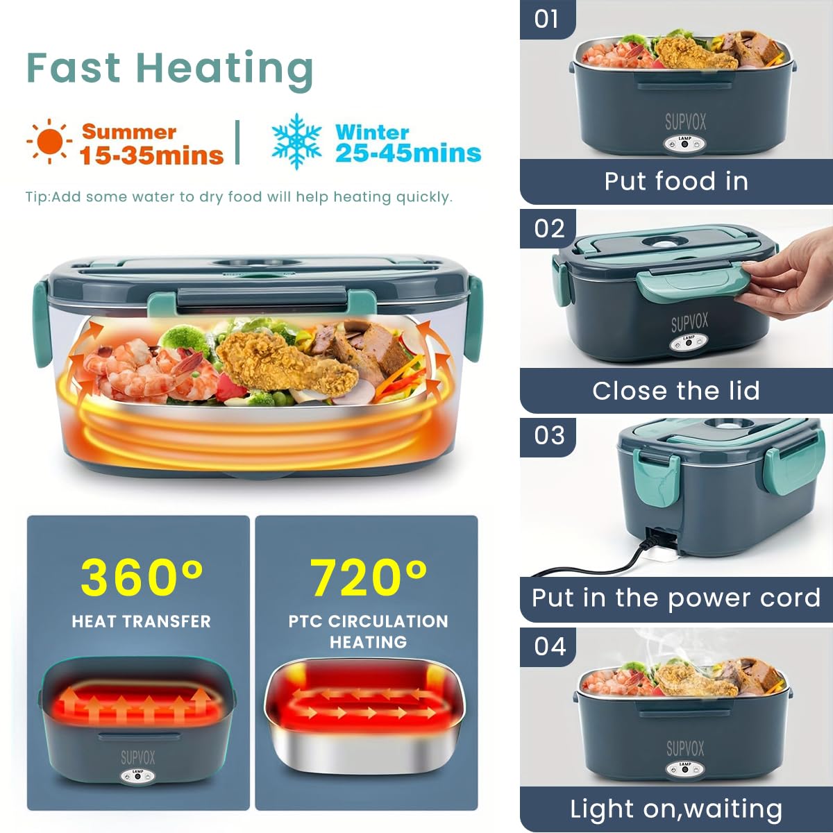 HASTHIP Lunch Box for Car and Home with 1.5L Stainless Steel Bowl featuring Dual Layer Heat Circulation | Includes Spoon Fork and Storage Bag