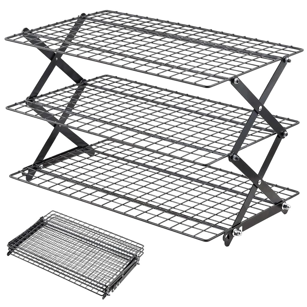 HASTHIP® 3 Tier Collapsible Cooling Rack, Heavy Duty Non-Stick Stackable Baking Rack with Adjustable Folding Design, Multi-Layer Wire Tray for Cooking, Roasting, Grilling & Baking - Black