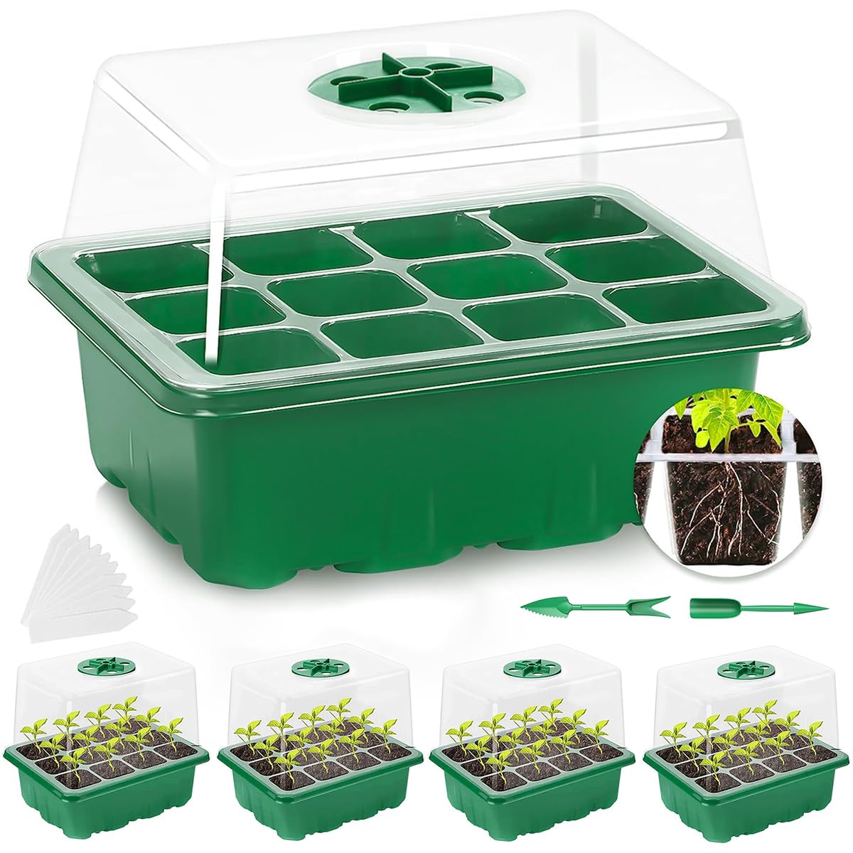 HASTHIP Plastic Seedling Germination Tray for Indoor Gardening with 12 Cell Drainage | 5Pcs Reusable Greenhouse Starter Kit