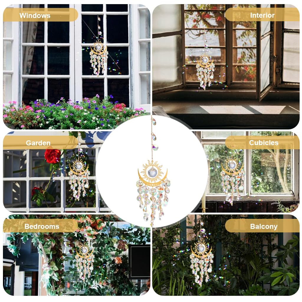 HASTHIP® Crystal Wind Chimes 14.96 Inches Hanging Garden Wind Chimes Color Crystal Shining Wind Chime Golden Sun Crescent Decorative Wind Chimes for Balcony, Garden House Warming Gift