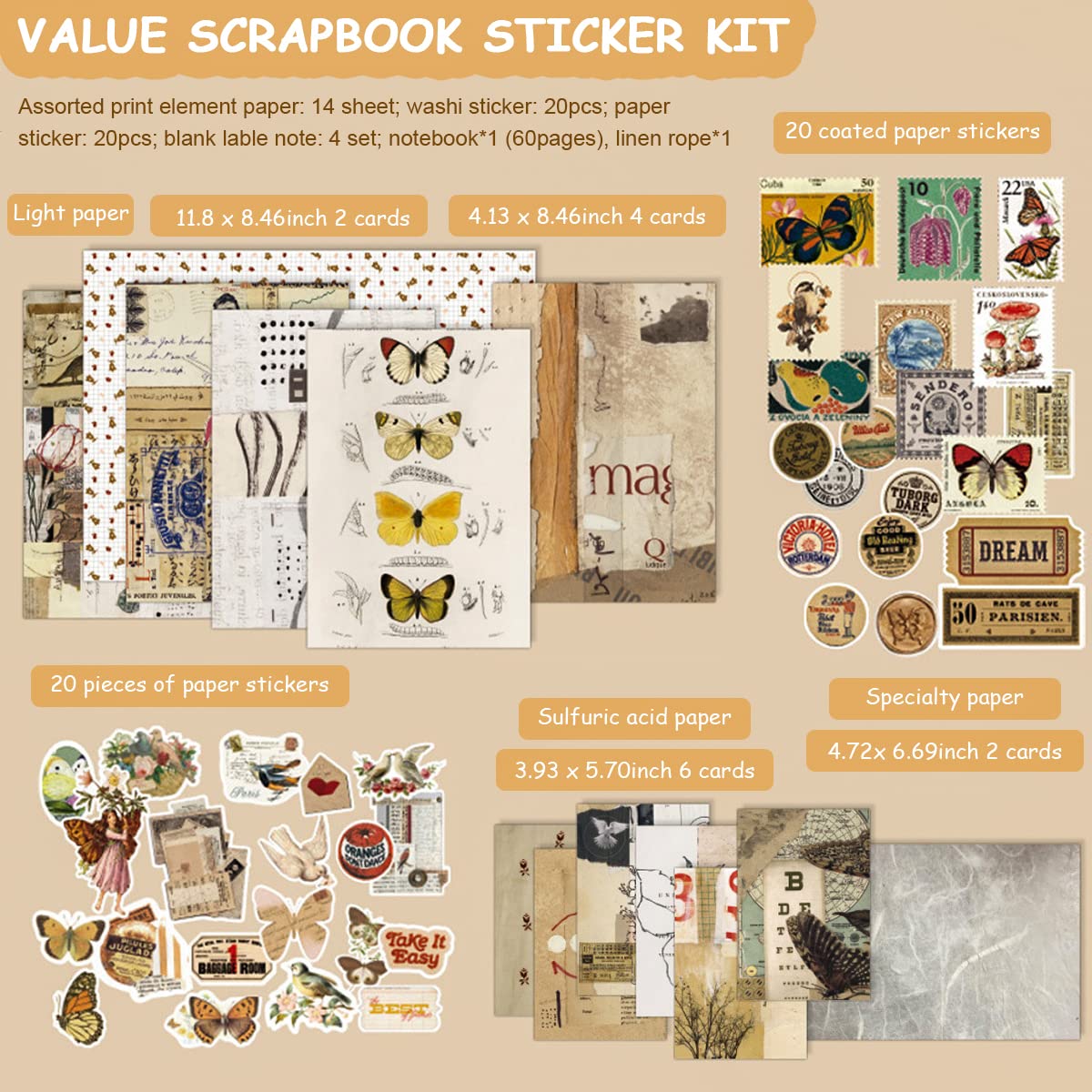 Paper Scrapbook Stickers Supplies Kit, Diy Scrapbook Kit For Journaling/Scrapbooking Retro Aesthetic Kit For Bullet Junk Journals, Notebook, Stickers Craft Kits Album Aesthetic (Beige)