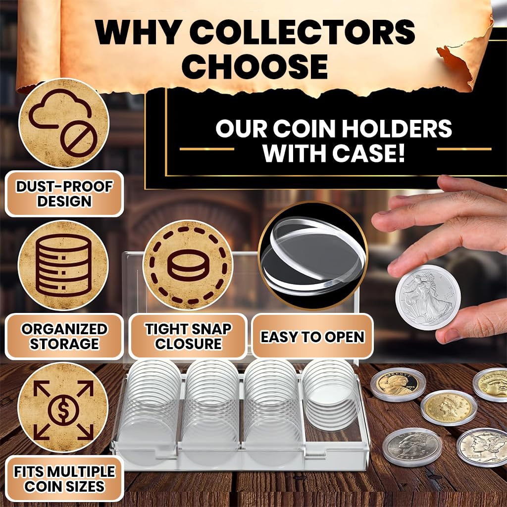 HASTHIP® 60 Pcs Coin Box with 5 Sizes Protective Gasket, Clear Plastic Coin Capsule Holder for 17-40mm Coins, Tokens, Medals, Collecting Storage Organizer