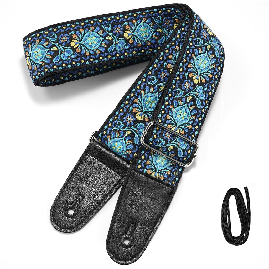 HASTHIP Guitar Strap for Acoustic and Electric Guitar featuring 34–41 in Adjustable Length | Blue Double-Sided Vintage Embroidered Cotton Design