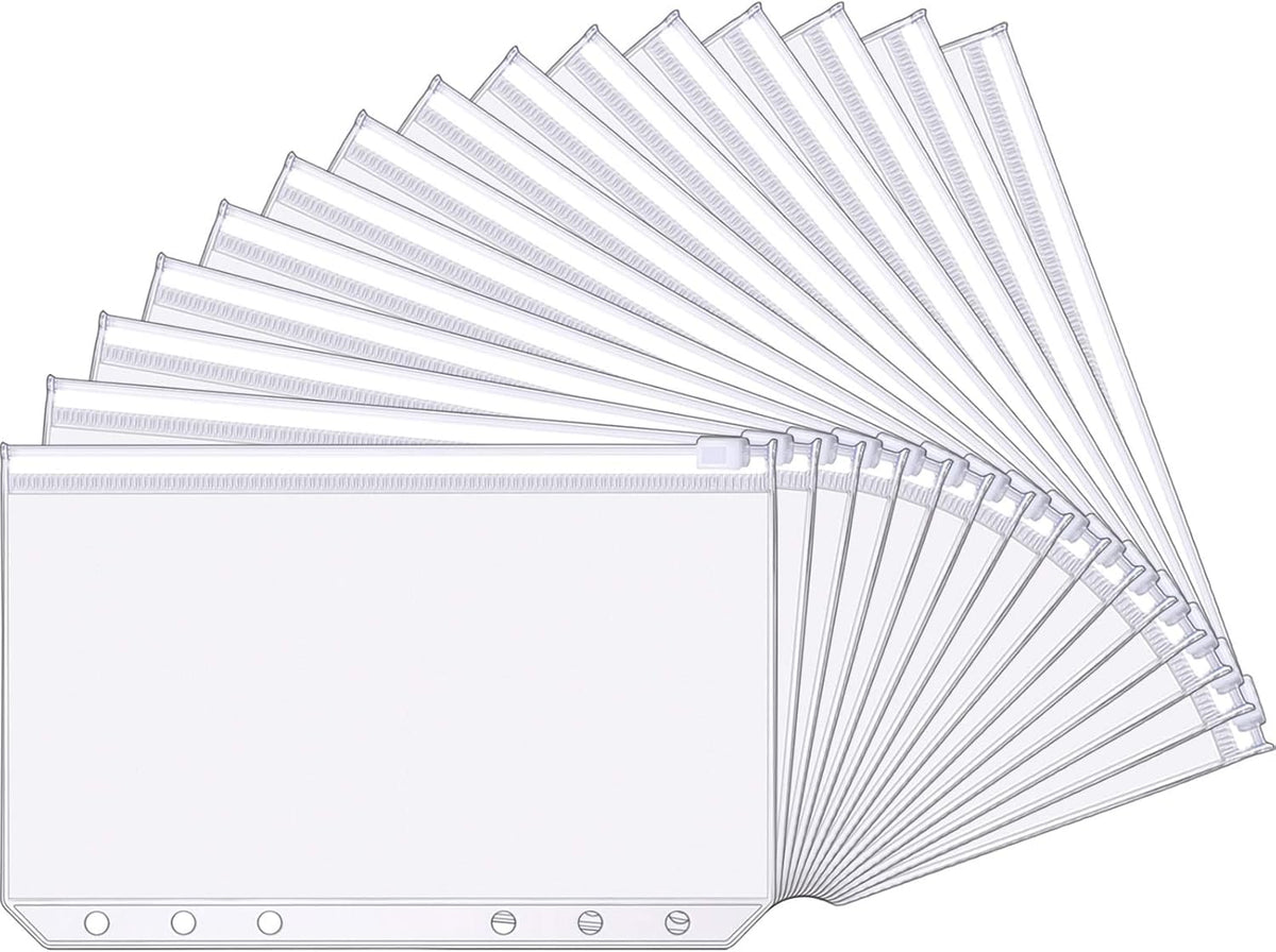 HASTHIP A6 6 Hole Binder Pockets for Documents with Zipper Closure and Clear Vinyl | 15 Pack