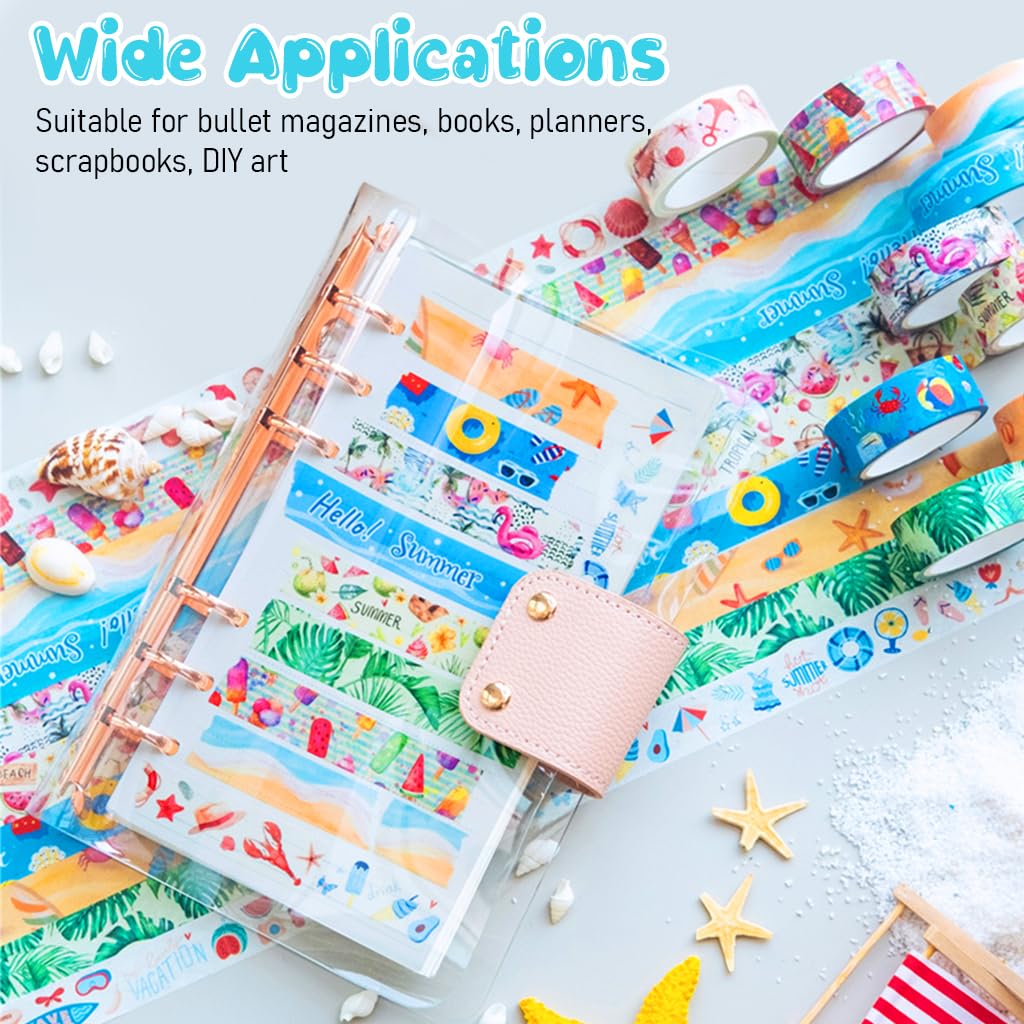 HASTHIP Washi Tape Set for Journals and Scrapbooking featuring 10 Rolls 15mm x 5m | Summer Ocean Designs