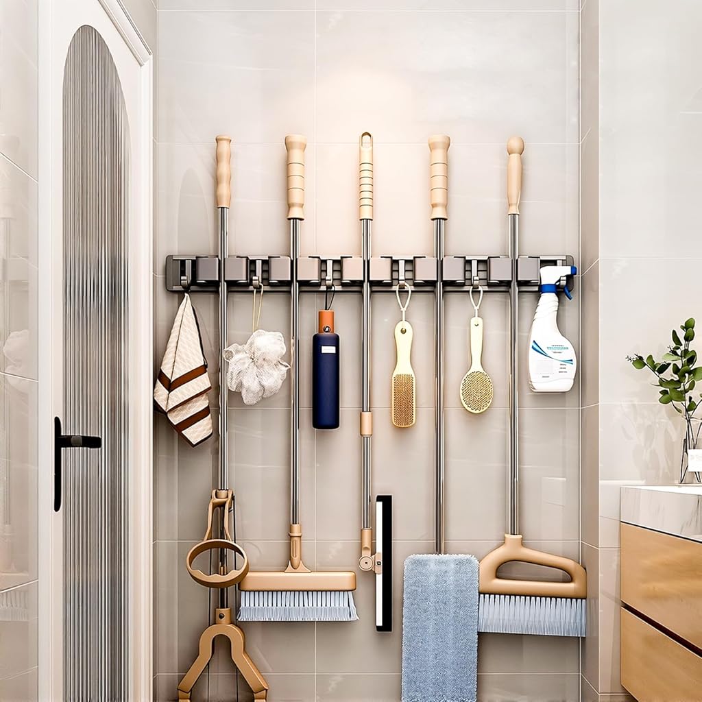 HASTHIP® Aluminum Wall Mop Holder, No Drill Push-in Mop Holder Organizer with 6 Hooks, Space Saving Cleaning Tool Organizer for Bathroom Garage