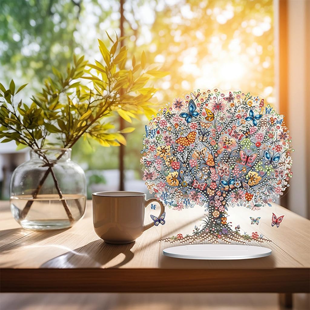 HASTHIP® 5D DIY Diamond Painting Kit Desk Decor with Base Colorful Life Tree Color Acrylic 5D DIY Diamond Art Painting Tabletop Ornaments Beginners 5D DIY Diamond Painting Kit Home Gift
