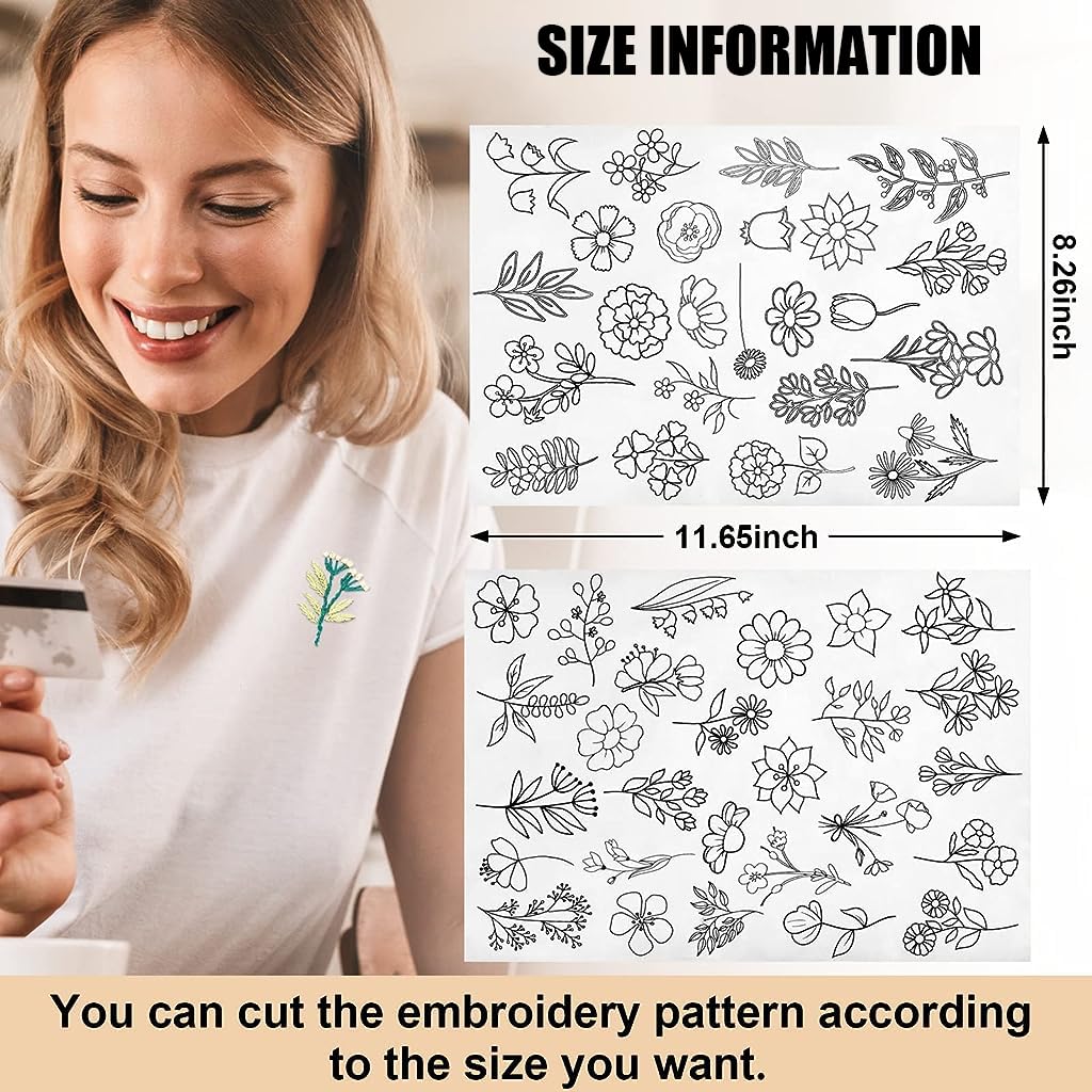 Water Soluble Stabilizer for Embroidery Stick and Stitch, Embroidery Paper Tear Away Embroidery Stabilizers with Flower Patterns for Hand Sewing Lover Beginners, Style A