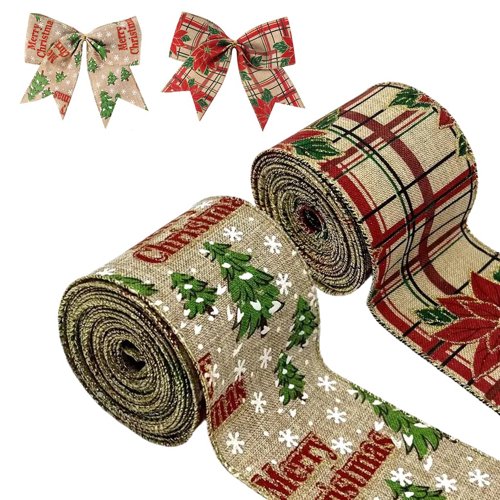 HASTHIP Christmas Ribbon for Gift Wrapping and Tree Decor featuring Hemp Fabric 6.6ft 2 Rolls