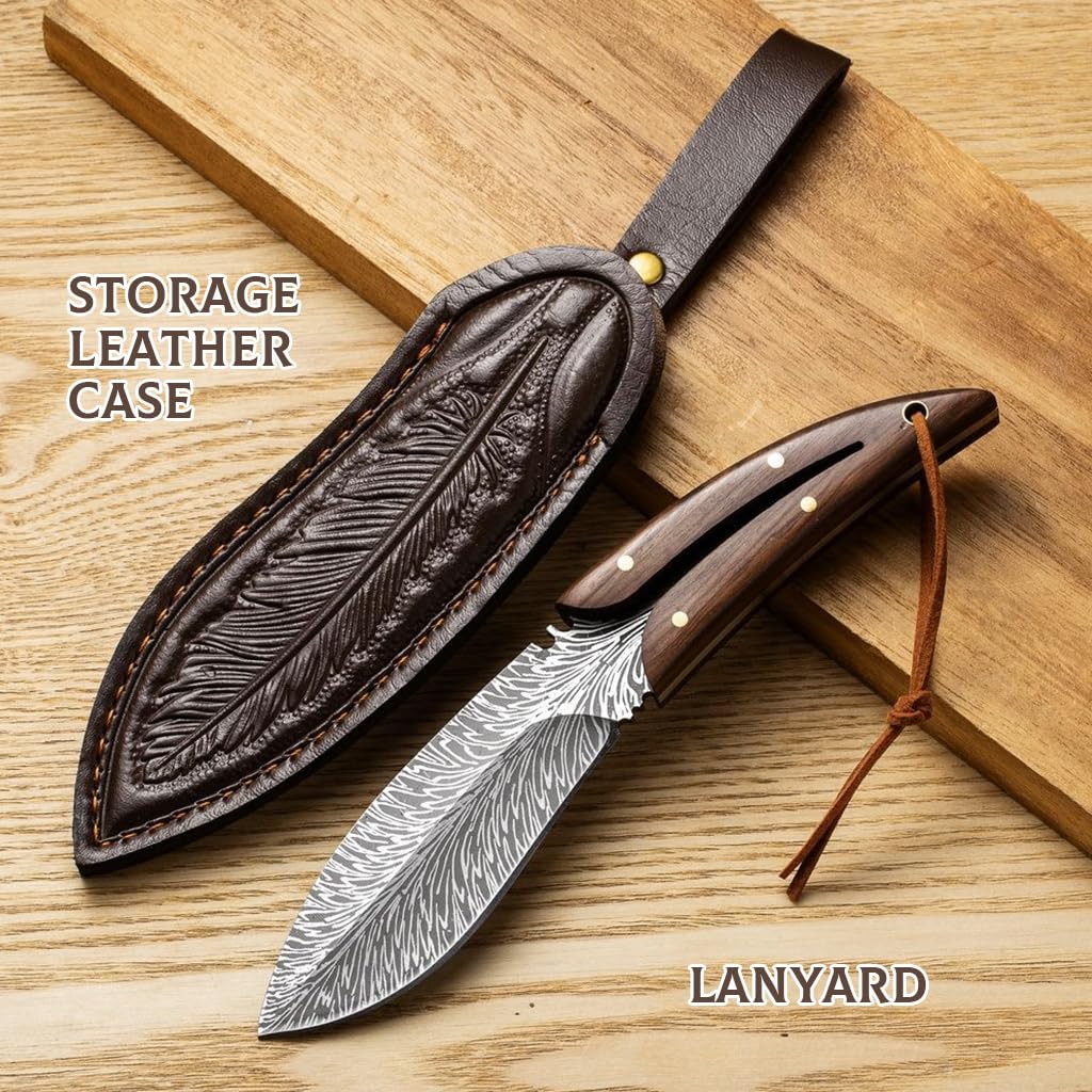 HASTHIP® Feather Kitchen Knife for Meat Cutting, Peeling, Slicing & Boning, High Carbon Steel Full Tang Blade Rosewood Handle with Leather Sheath, Professional Cooking & Outdoor Knife 7.8''-Multicolor