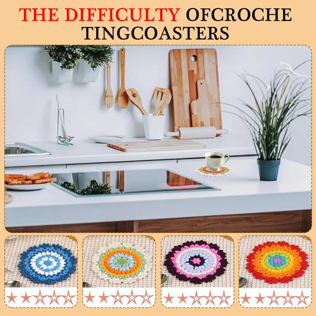 HASTHIP® DIY Crochet Kit Set of 4Pcs DIY Crocheting Coasters Material Kit Floral Croch