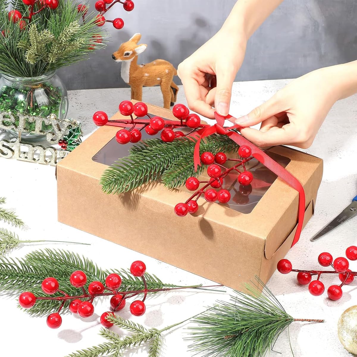 HASTHIP Christmas Tree Ornaments for DIY Decoration with 60Pcs Pine and Red Berry Set