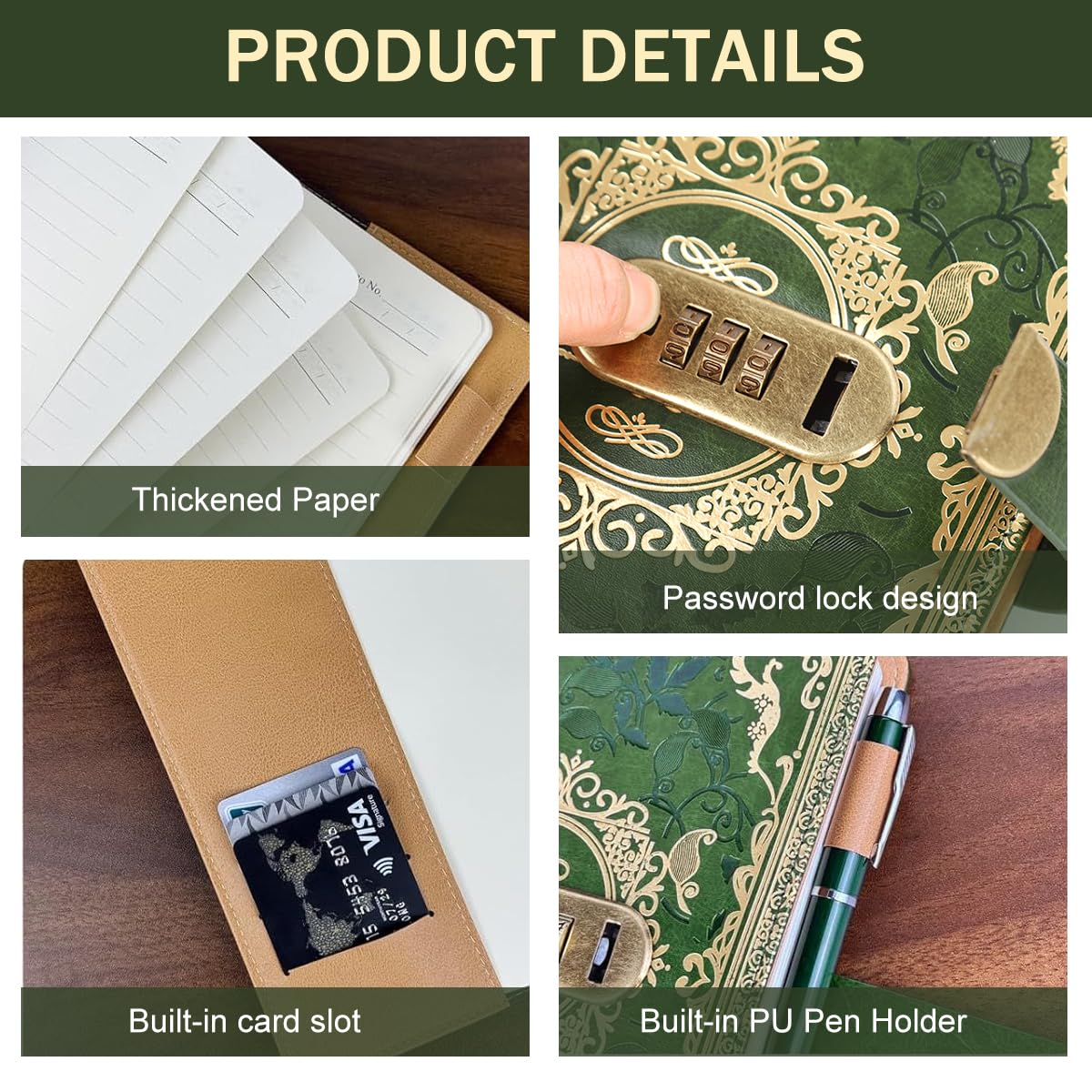 HASTHIP® Vintage Leather Journal Notebook with Combination Lock, A5 Refillable Embossed Flower Writing Diary with Lined Paper, Secret Notebook for Women Girls Kids, Retro Gift Idea (Green)