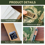 HASTHIP® Vintage Leather Journal Notebook with Combination Lock, A5 Refillable Embossed Flower Writing Diary with Lined Paper, Secret Notebook for Women Girls Kids, Retro Gift Idea (Green)