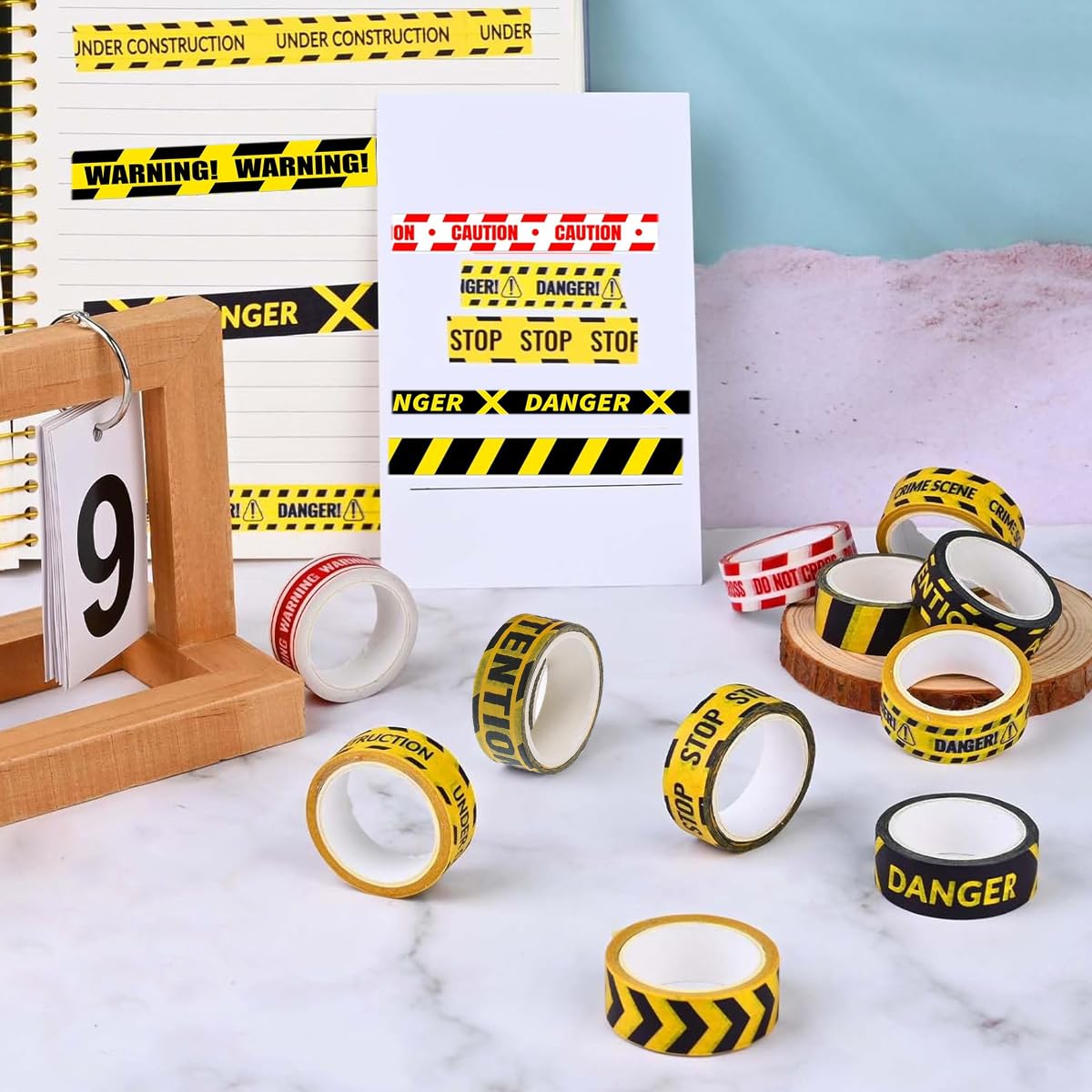 HASTHIP Caution Line Washi Tape Set for DIY Crafts with 16 Rolls and 8 Unique Designs