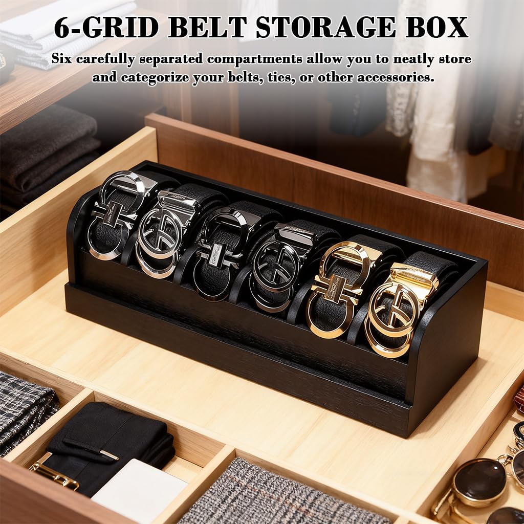 HASTHIP® Belt Organiser for Wardrobe, Belt Organizer Box, Wooden Waist Belt Holder, 5-Compartment Design, Multi Purpose Wardrobe Storage Box for Tie, Belts, Accessories, 35x15x11cm