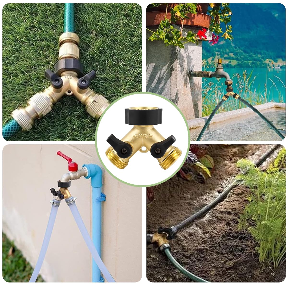 HASTHIP® Garden Hose Splitter with Individual Shut-off Valves 2 Way Hose Splitter Garden Faucet Splitter Universal 3/4'' Brass Garden Hose Splitter with 4 Gaskets & 1 Roll Tape