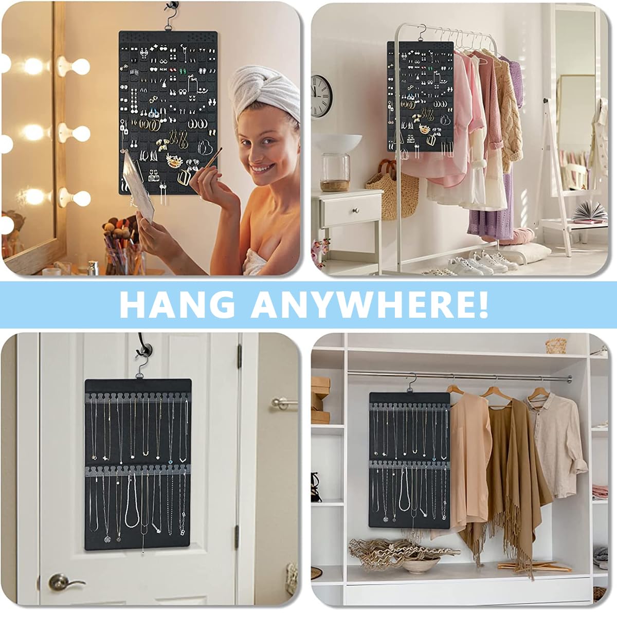 HASTHIP Hanging Jewellery Organiser for Closet and Door with Dual Sides | Holds 300 Pairs and 30 Necklaces