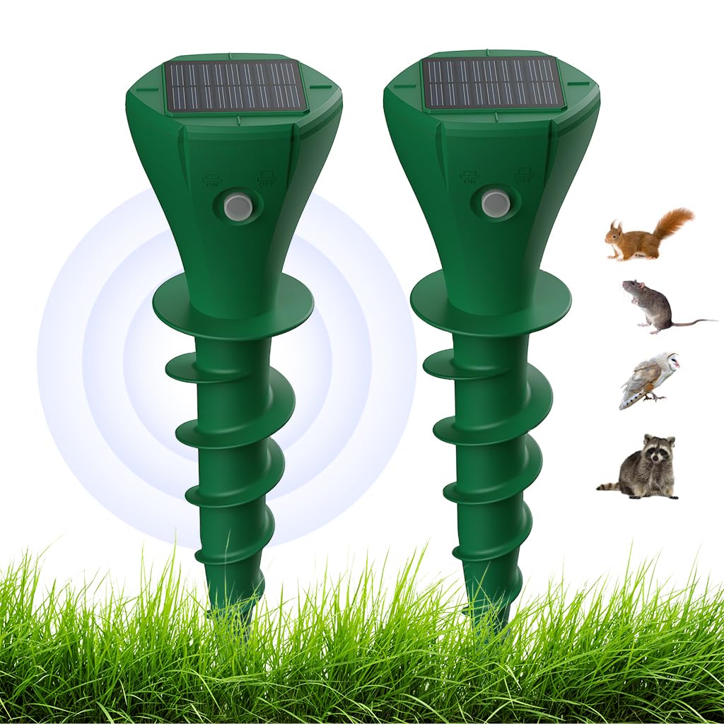 HASTHIP® 2Pcs Solar Ultrasonic Animal Repellent with 3 Changing Frenquency Modes IP65 Waterproof 9.8 Inches Animal Repellent Spiral Sticks Ultrasonic Animal Repellent for Garden, Lawn, Farm Land