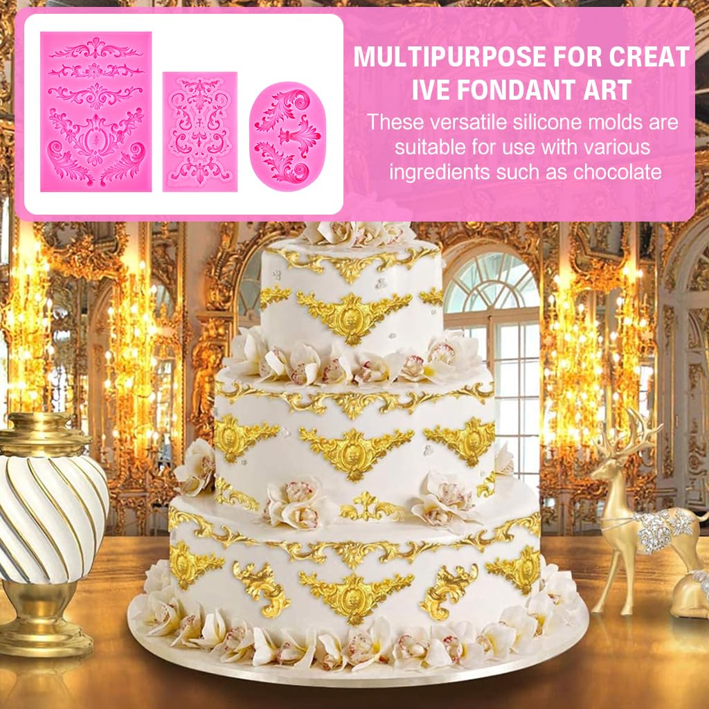 HASTHIP Fondant Silicone Molds Set of 3Pcs for Cake Decorating with Floral Lace Designs | Food Grade Reusable Baking Molds