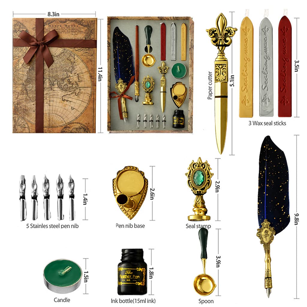 HASTHIP Quill Pen Ink Wax Seal Stamp Gift Set with 5 Nibs and 3 Wax Sticks | Feather & Brass Design