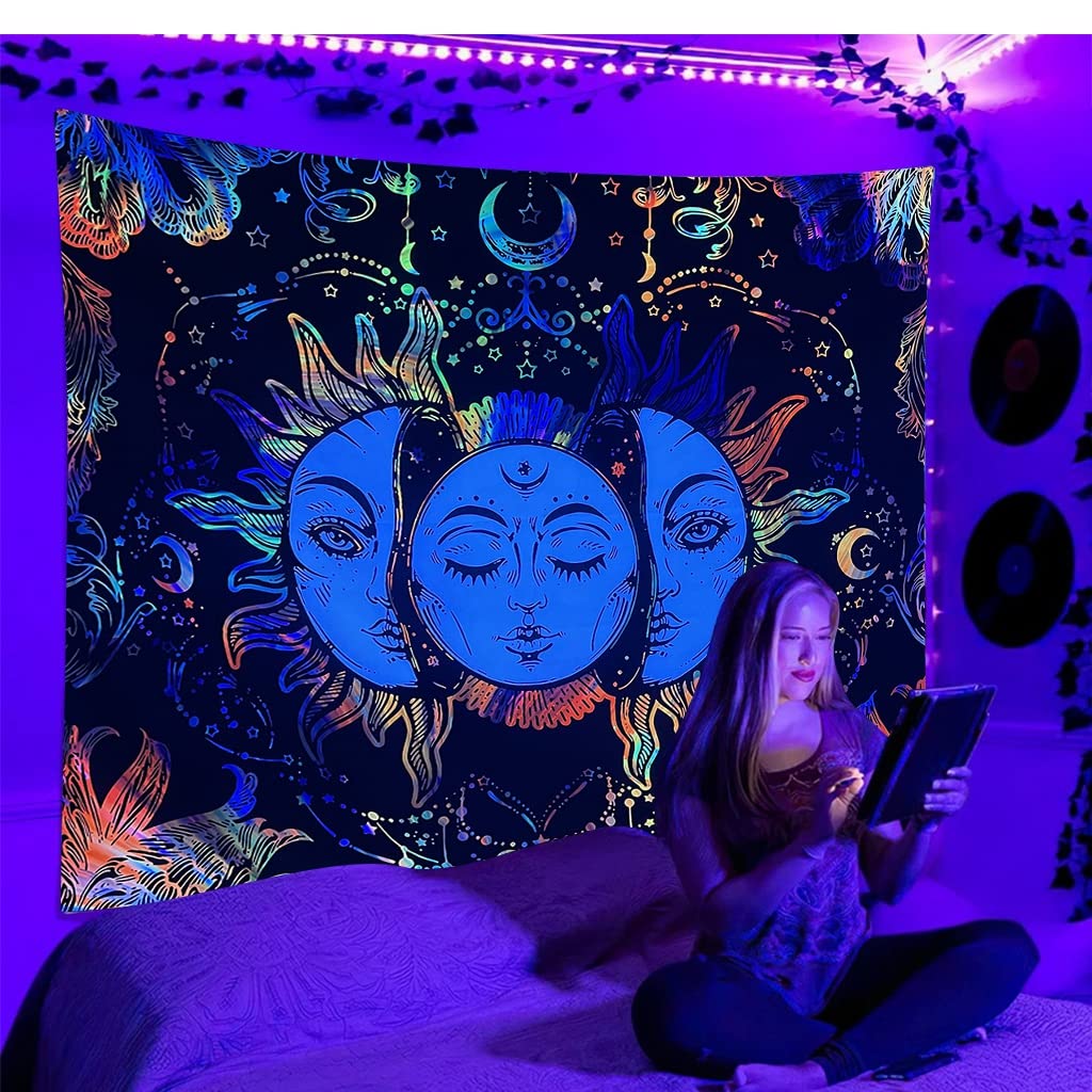 Uv Luminous Tapestry Uv Reactive Tapestry Glow In The Dark Sun And Moon Tapestry Uv Reactive Tapestry Wall Hanging (51Inch X 59Inch) (Multi-Colour)