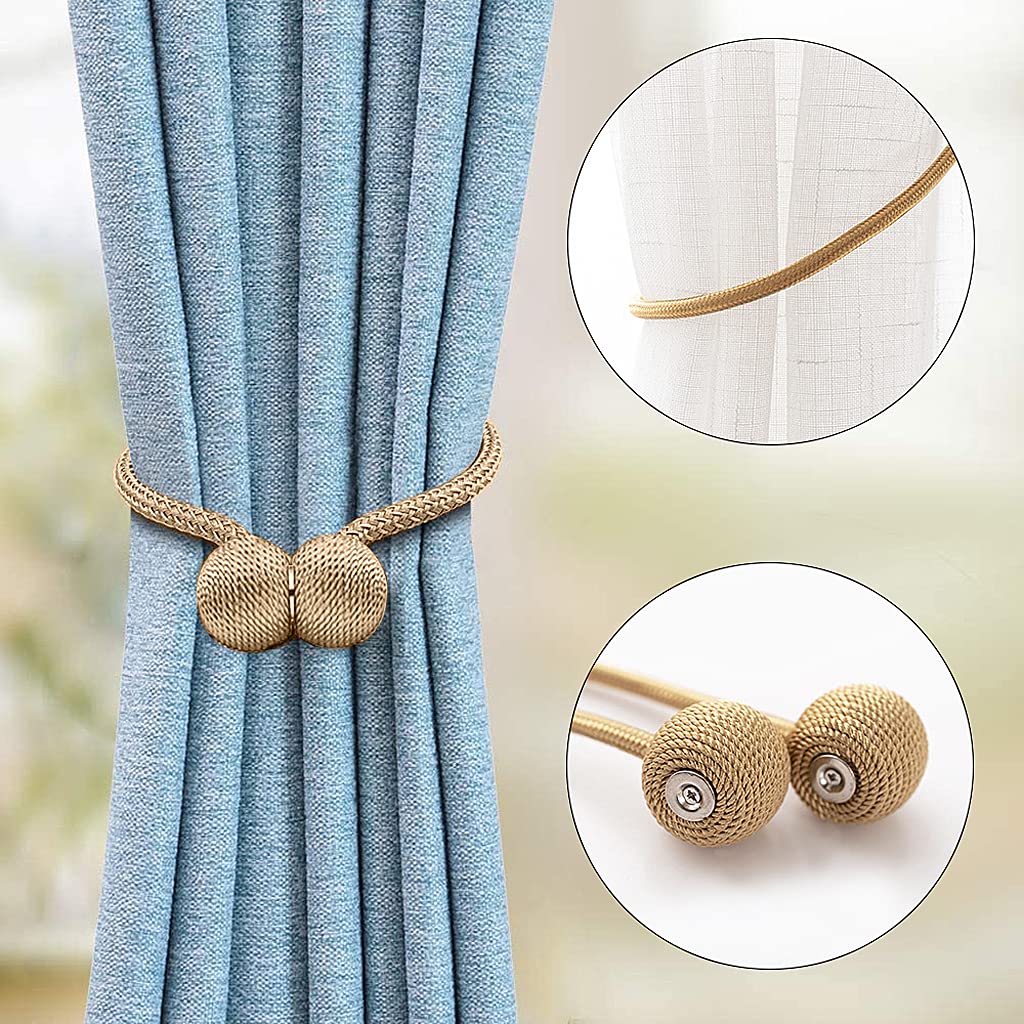 HASTHIP Curtain Tiebacks for Living Room and Bedroom with Strong Magnetic Closure | 16 in Rope 3 pcs Gold Polyester