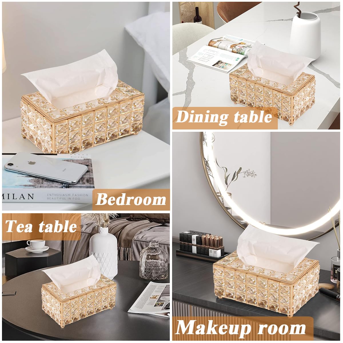 Tissue Box Holder with Crystal Glass Beads, Paper Napkin Holder for Car, Crystal Napkin Holder Facial Tissue Holder Tissue Box Holder for Bathroom Kitchen Dining Room, 7.4x4.3x3.9 Inches