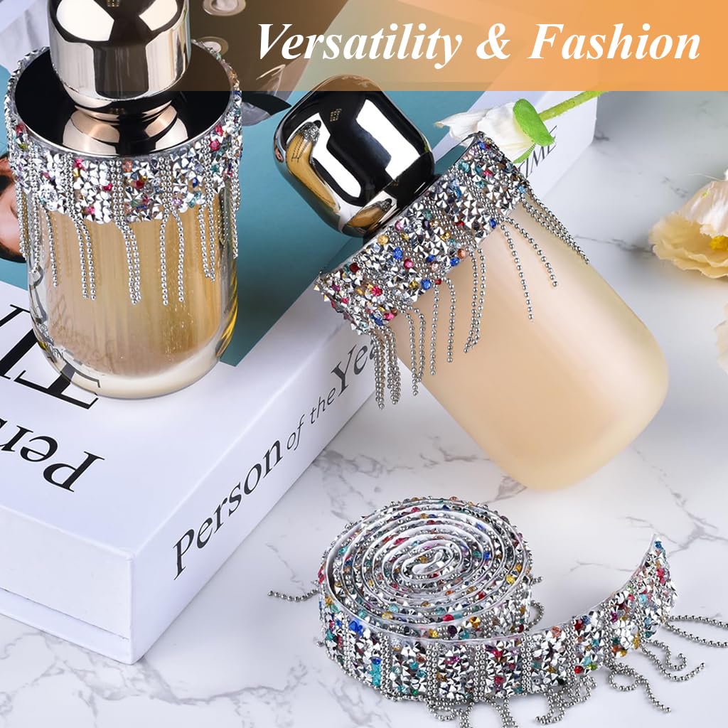 HASTHIP® 1 Yard Rhinestone Tassel Decorative Belt for Garments Making Metal Rhinestone Tassel Belt Waist Belt Self Adhesive DIY Tassel Charm Sparkling Color Rhinestone Belt for Clothes Making