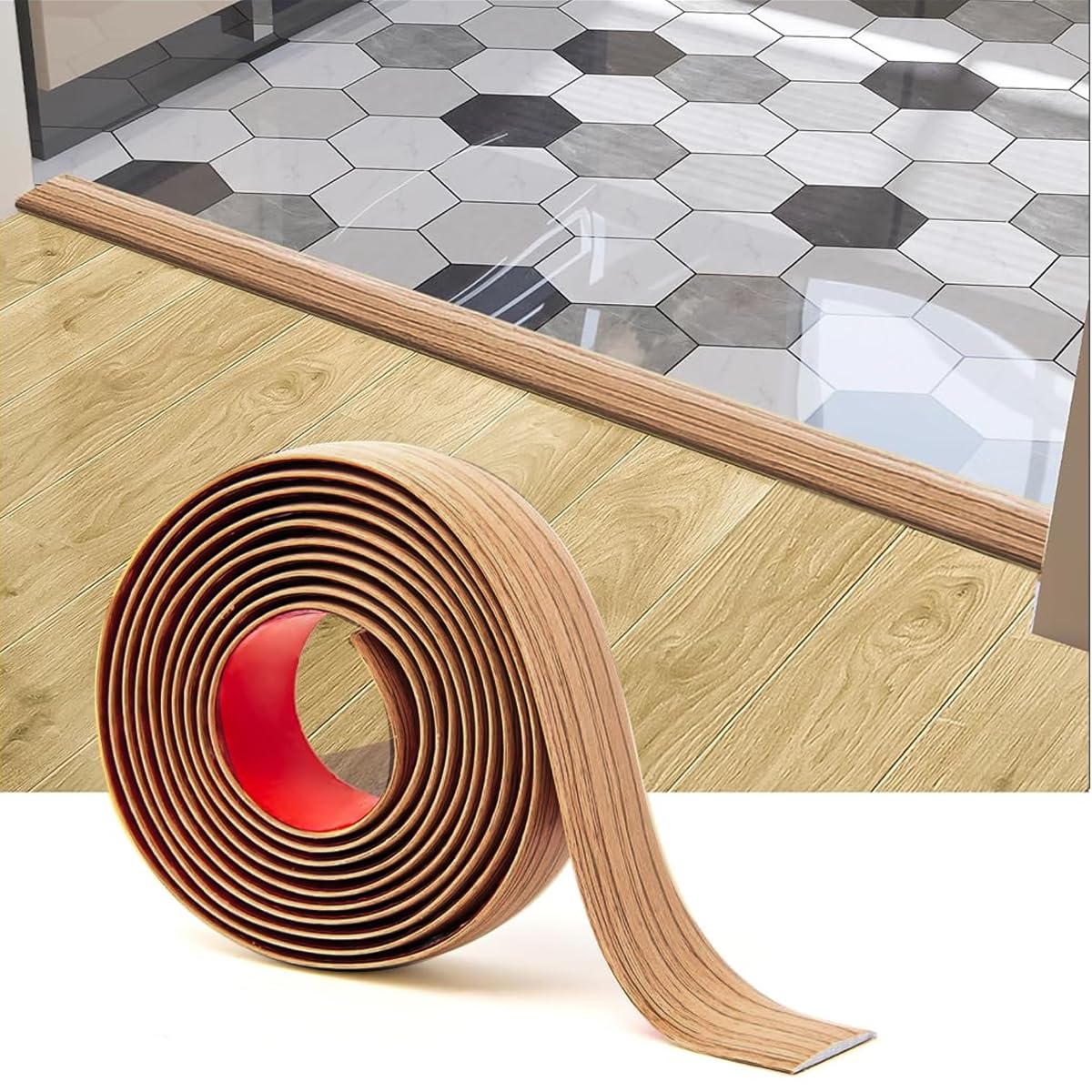 HASTHIP Floor Transition Strip for Joining Floor Gaps with Self Adhesive PVC 47.2 x 1.57 in Wood Color | Easy Trim Fit