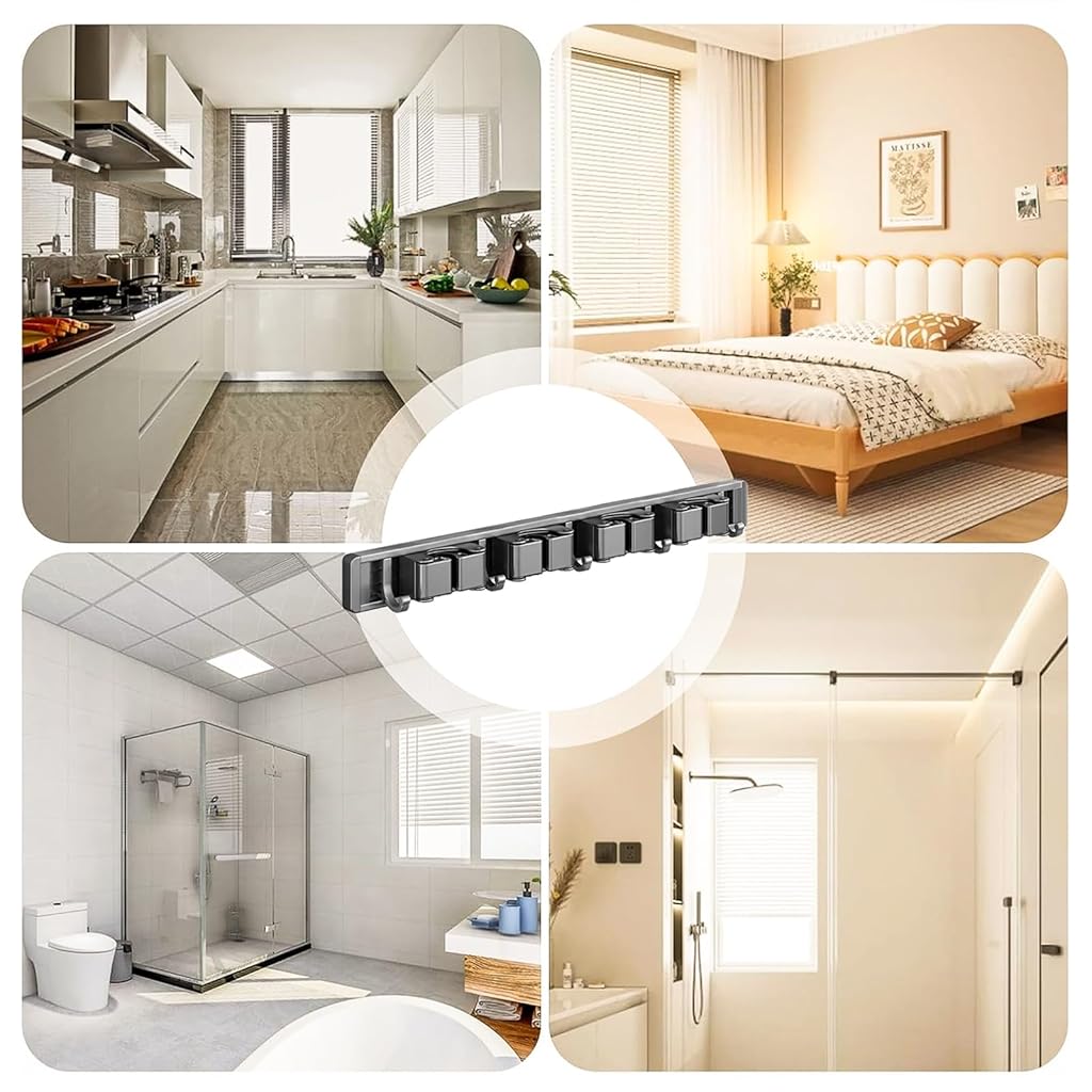 HASTHIP® Aluminum Wall Mop Holder, No Drill Push-in Mop Holder Organizer with 6 Hooks, Space Saving Cleaning Tool Organizer for Bathroom Garage