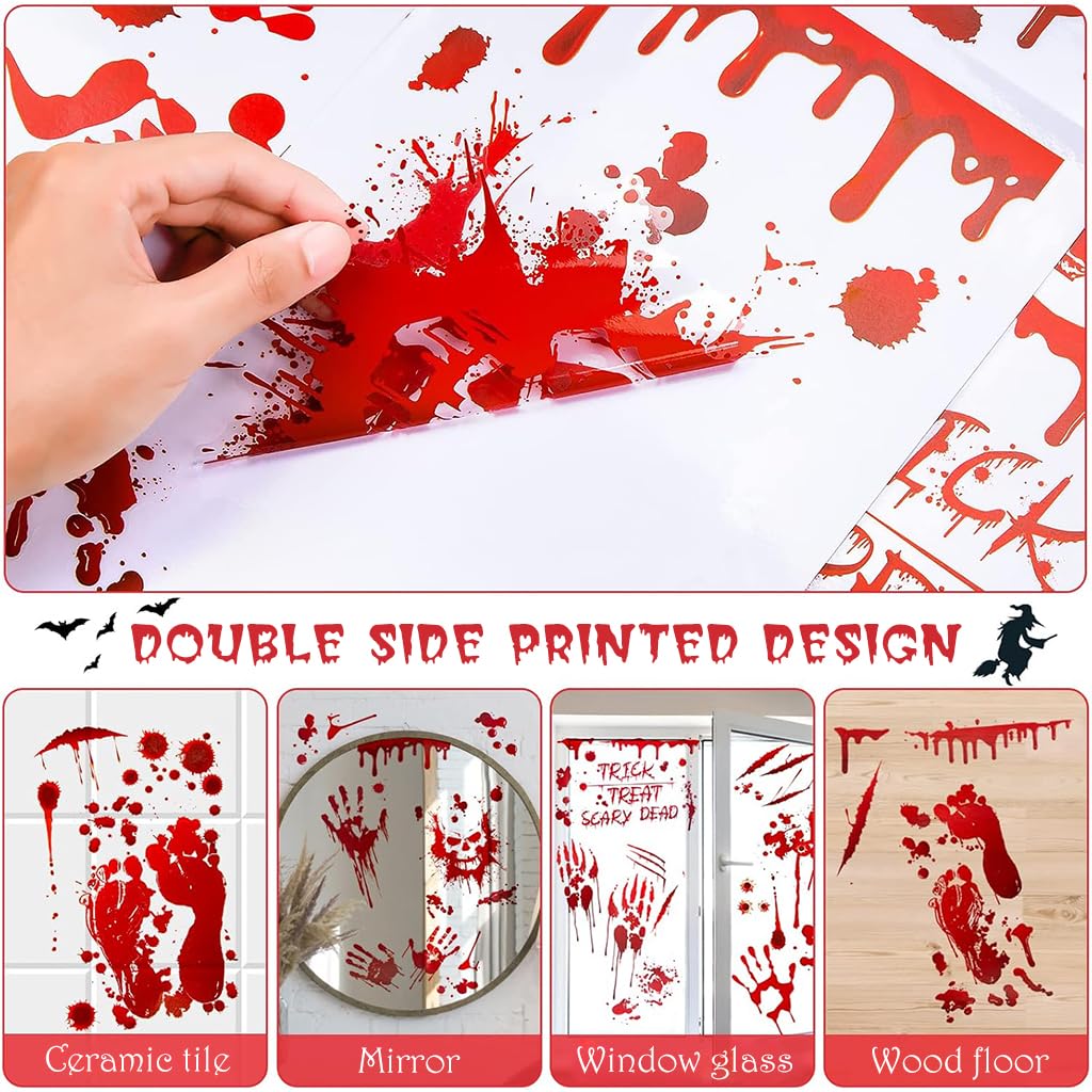 HASTHIP Halloween Horror Decals for Haunted House with 9 Sheets 95 Pcs PVC Stickers | Scary Red Handprint and Footprint Decor